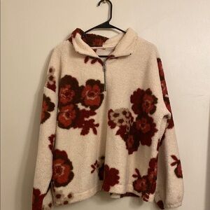 Floral Fleece Pullover Jacket - Cream and Red